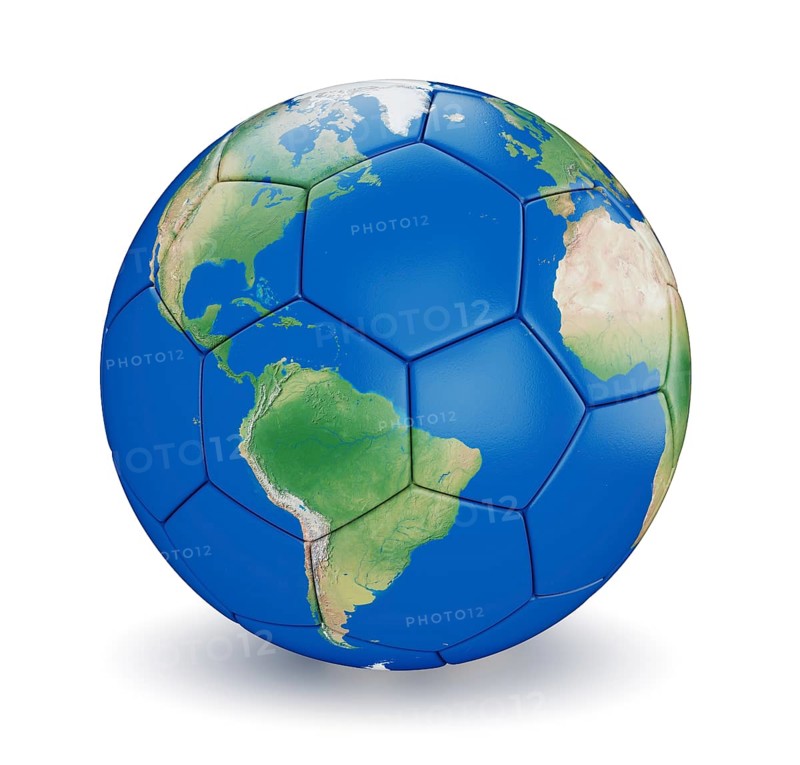 Soccer ball shaped earth world isolated on white background. Map used is from computer generated map from www. shadedrelief. com and is in public domain