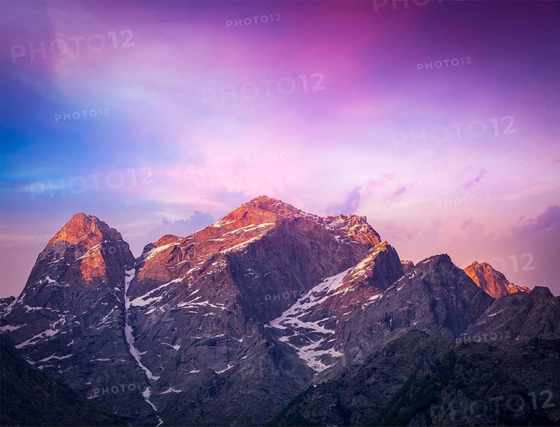 Sunset in Himalayas. Sangla valley