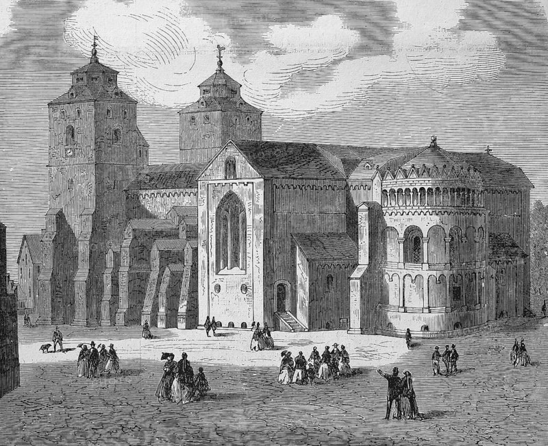 Tower front 1860 with Gothic window group above Romanesque portal