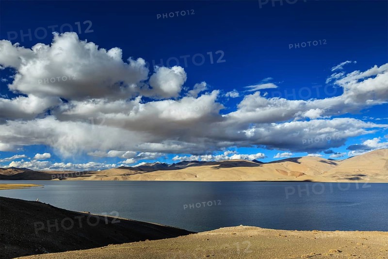 Himalayan mountain lake in Himalayas Tso Moriri on sunset