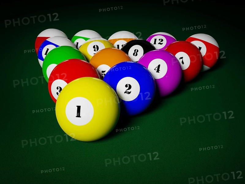 Billiards pool balls on pool table racked