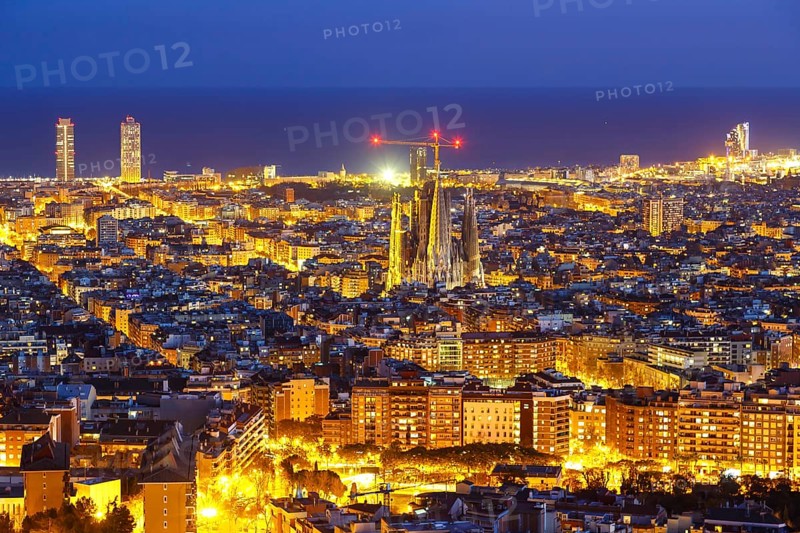 Skyline city overview with Sagrada Familia church in Barcelona