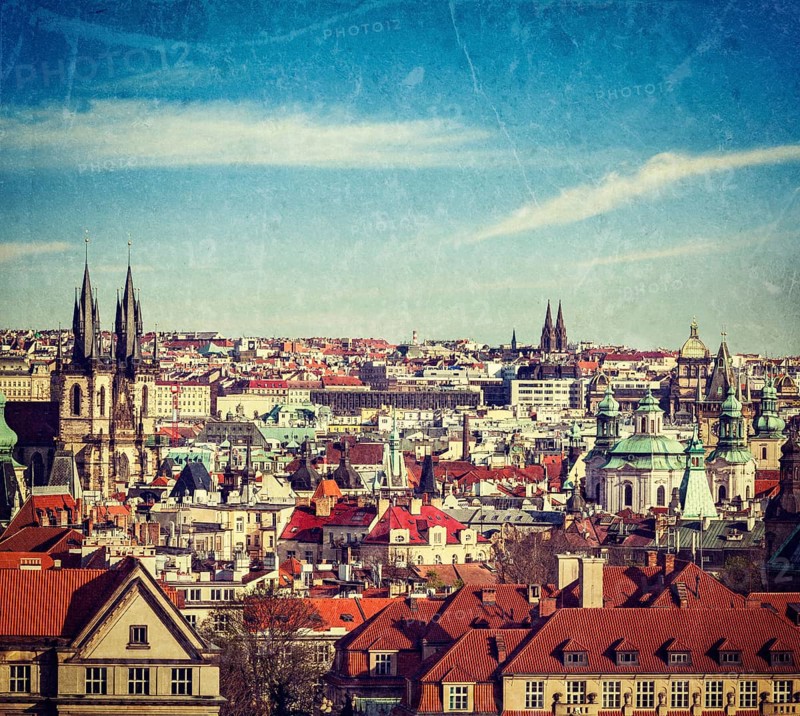 Vintage retro hipster style travel image of aerial view of Prague