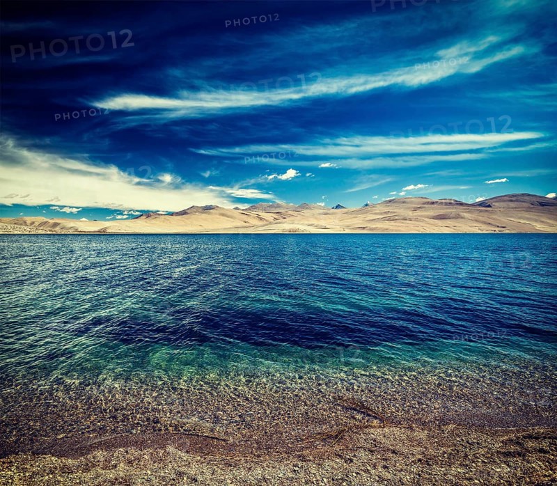 Vintage retro effect filtered hipster style travel image of Tso Moriri lake in Himalayas