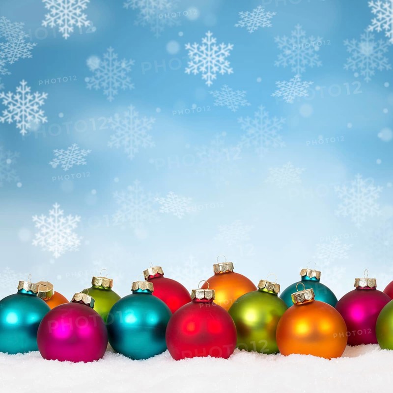 Christmas many colourful Christmas balls decoration square snowflakes snow winter text free space in Stuttgart