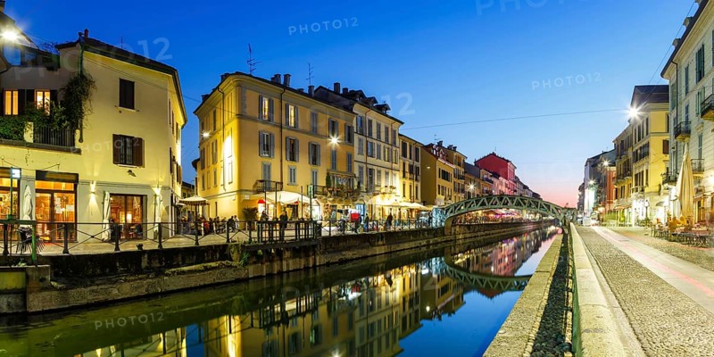 Navigli Milano restaurant and bar quarter holiday travel city blue hour panorama in Milan