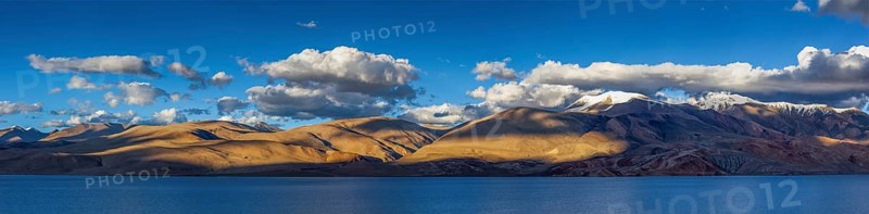 Panorama of Himalayan lake Tso Moriri in Himalayas on sunset