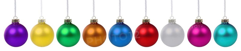 Christmas colourful Christmas baubles ball colours in a row clipping against a white background