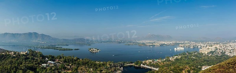 Aerial panorama of Lake Pichola and Udaipur with City palace