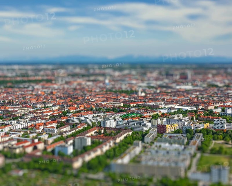 Aerial view of Munich from Olympiaturm Olympic Tower. Munich
