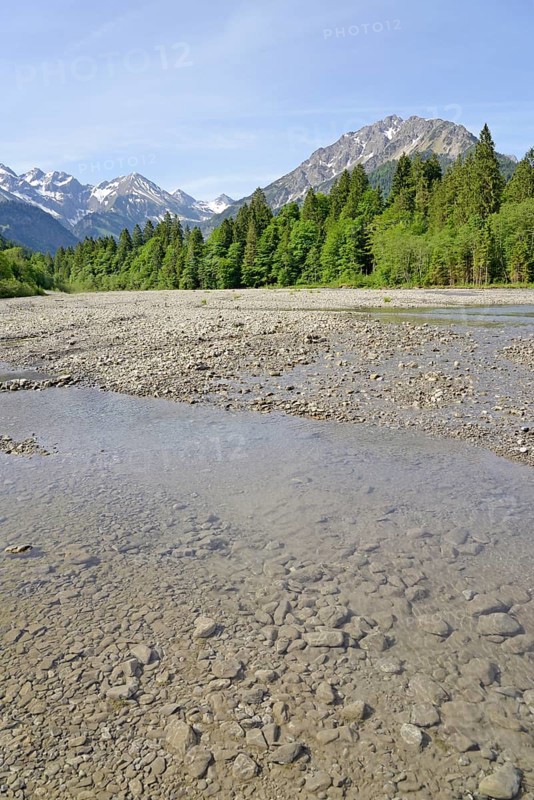 View of the Stillach river landscape and the mountains