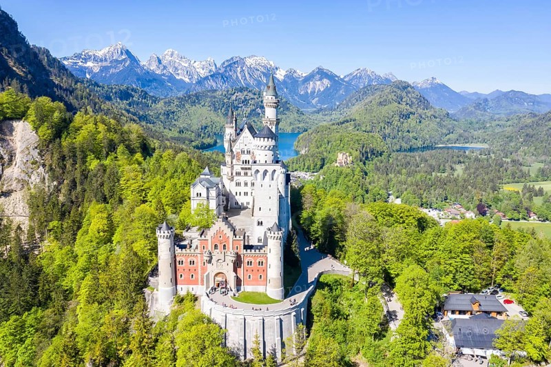 Neuschwanstein Castle Aerial View with Alps Landscape Travel Bavaria in Fuessen