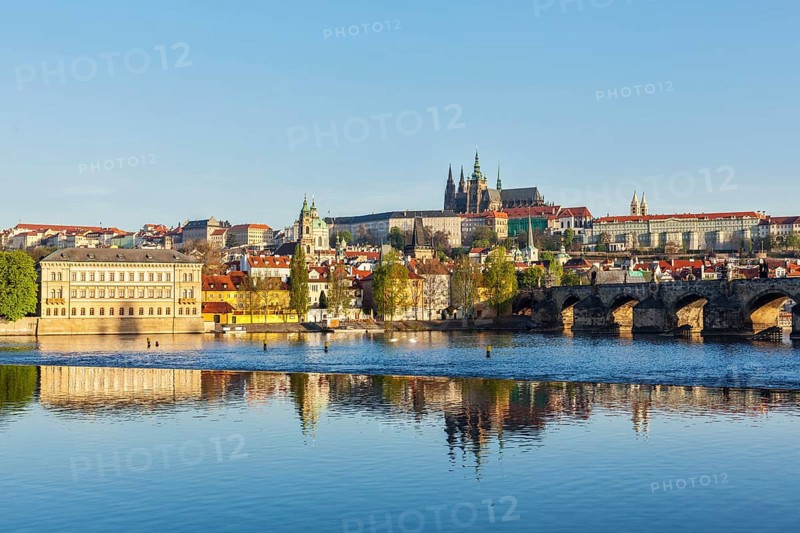 View of Mala Strana and Prague castle over Vltava river. Prague