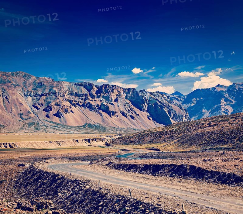 Vintage retro effect filtered hipster style travel image of Manali-Leh road to Ladakh in Indian Himalayas near Baralacha-La pass. Himachal Pradesh