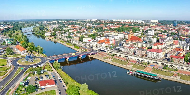 Aerial view of Landsberg an der Warthe city Panorama at the river in Gorzow Wielkopolski