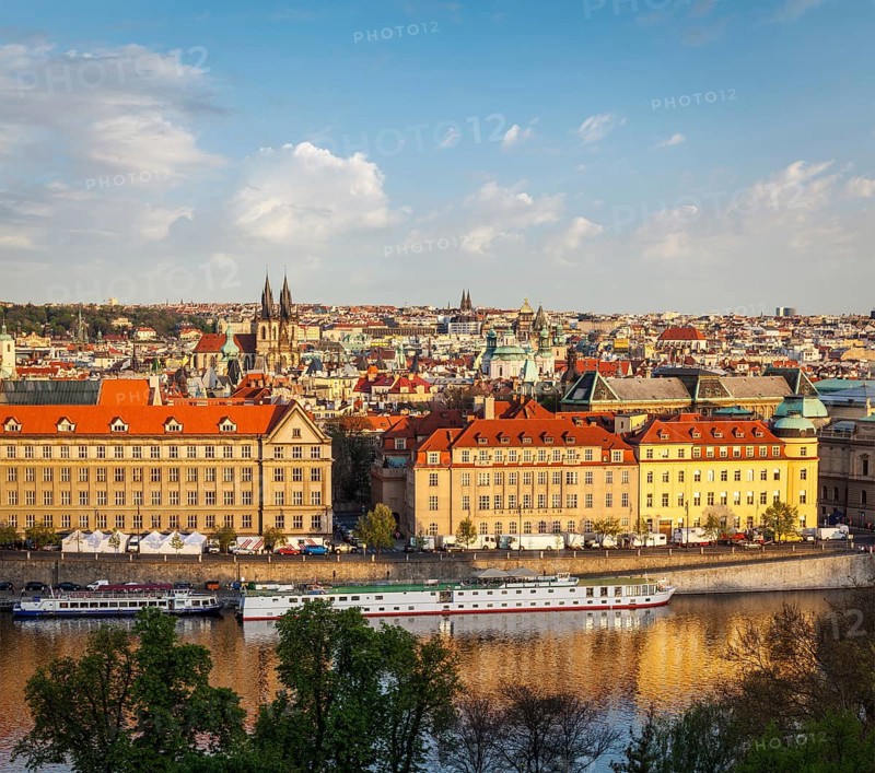Aerial view of Prague and Vltava river on sunset