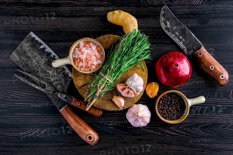 Overhead view of rustic butcher meat knife