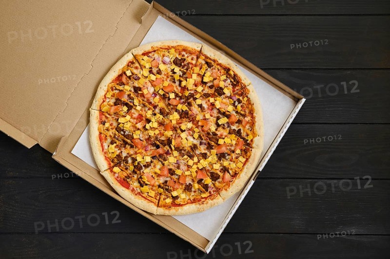 Top view of pizza with beef minced meat