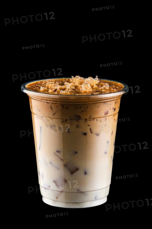 Coffee with ice in take away cup isolated on black background