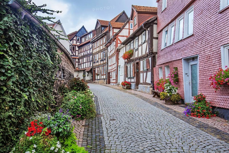 Old town alley with half-timbered houses