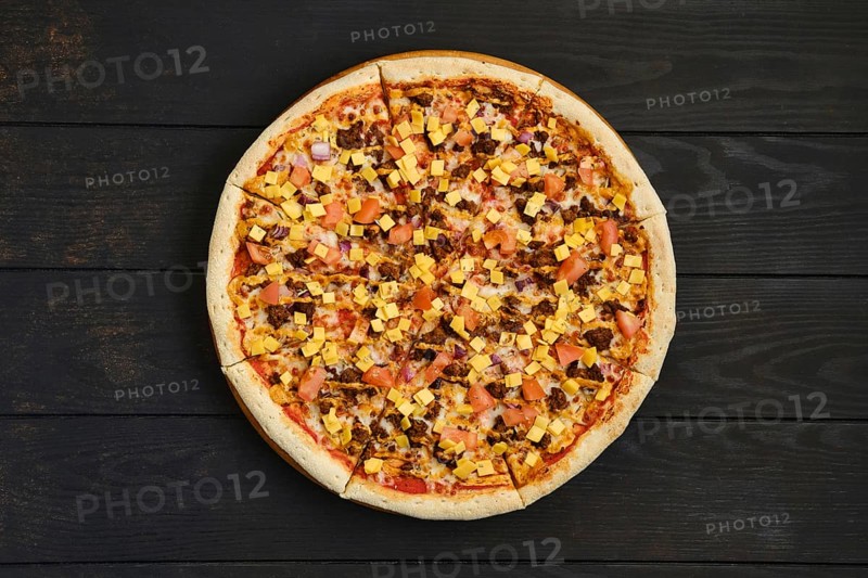 Top view of pizza with beef minced meat