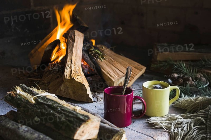 Logs beverages near fireplace