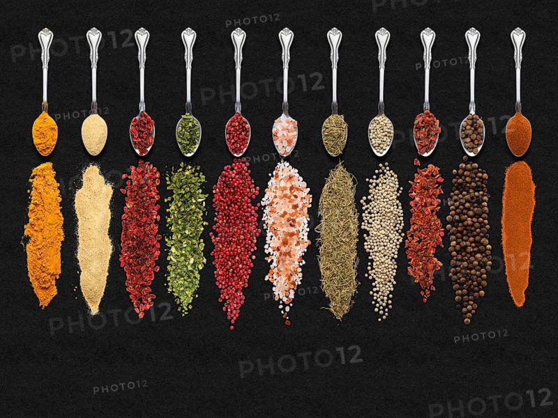 Various seasonings and herbs in spoons on dark background