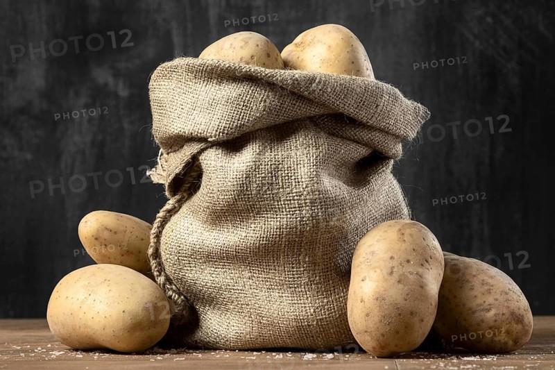 Front view burlap sack with potatoes