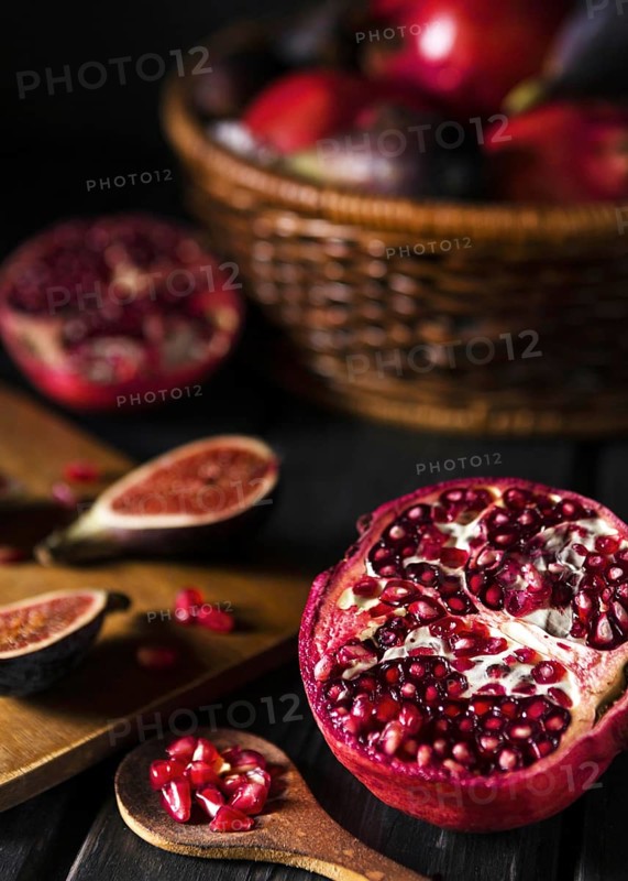 High angle autumn figs pomegranate