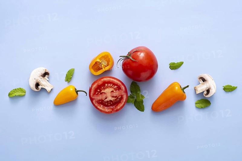 Top view tomatoes mushrooms peppers. Resolution and high quality beautiful photo