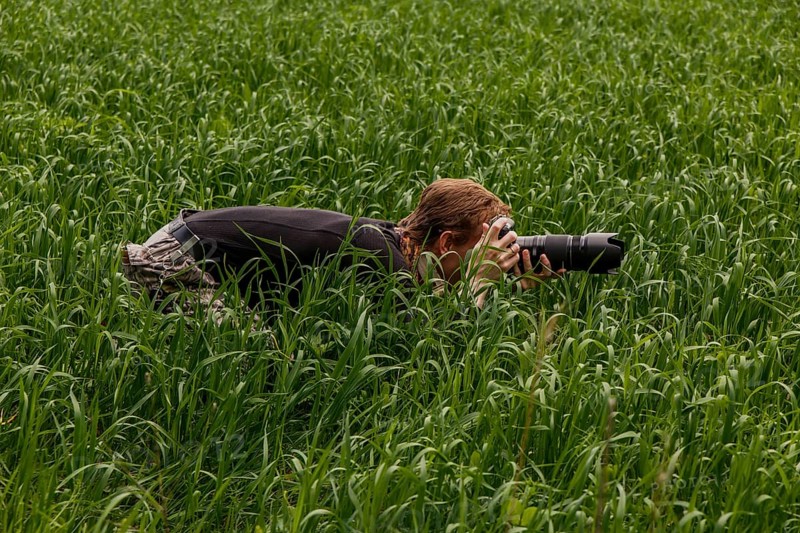 Wildlife photographer makes pictures with telephoto lens at the field