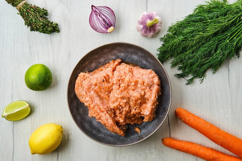 Top view of plate with minced salmon
