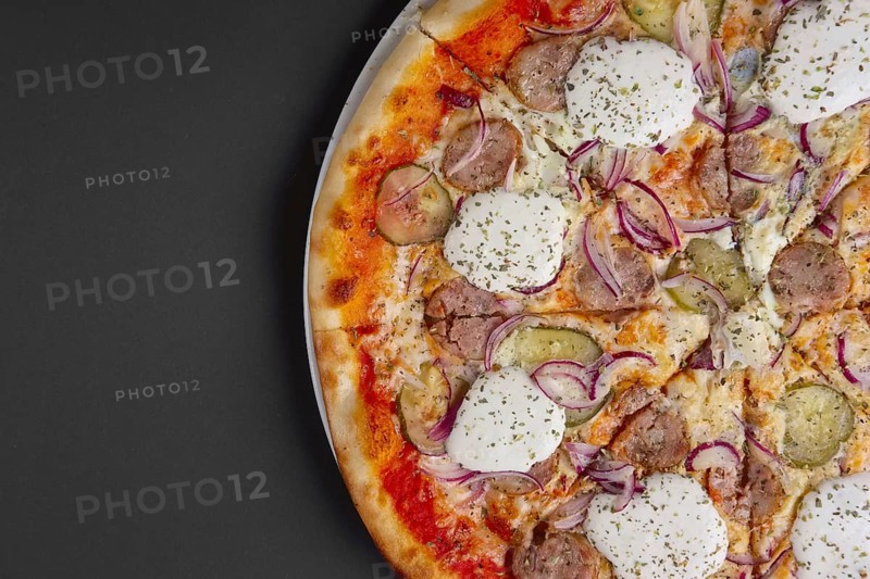 Top view of pizza with sausage
