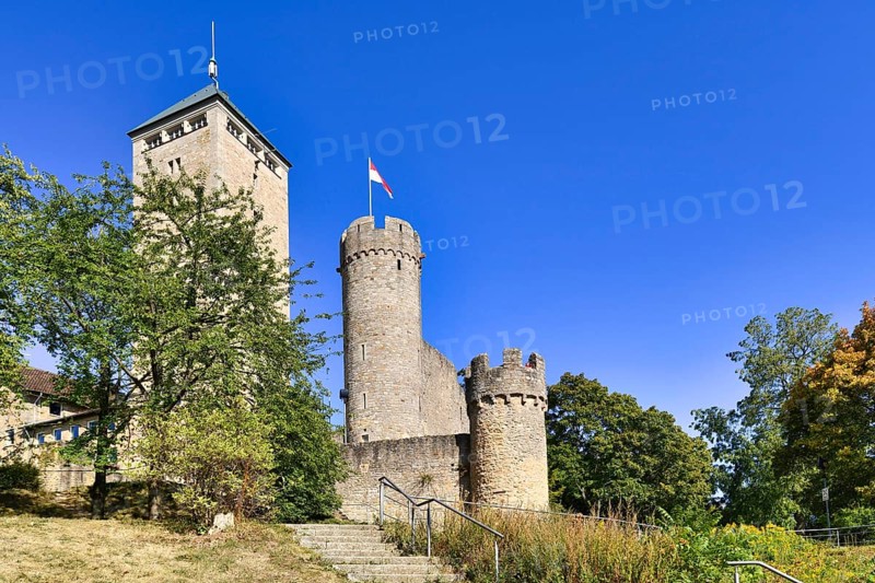 Old historic hill castle called Starkenburg in Odenwald forest in Heppenheim city in Germany