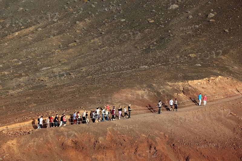 Hiking trail across the extinct volcanic crater to the lagoon of El Golfo