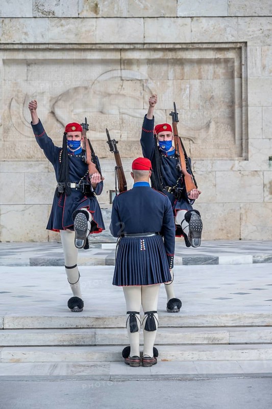 Detachment of the Presidential Guard Evzones in front of the Monument to the Unknown Soldier near the Greek Parliament