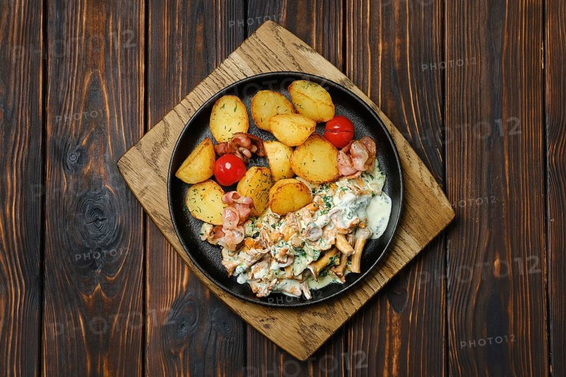 Top view of potato wedges with chanterelles and pork in cast iron skillet