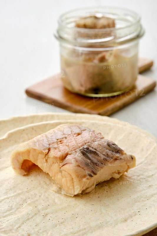 Closeup view of canned sturgeon on a plate