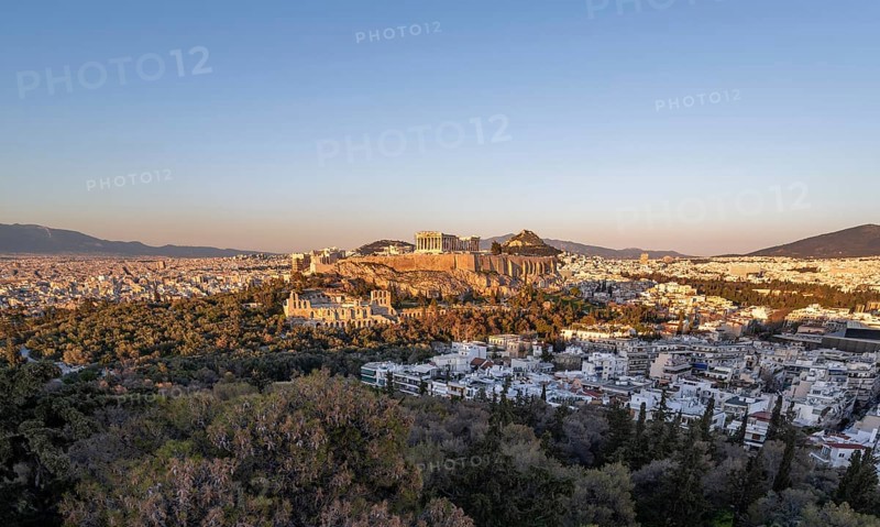 View from Philopappos Hill over the city at sunset