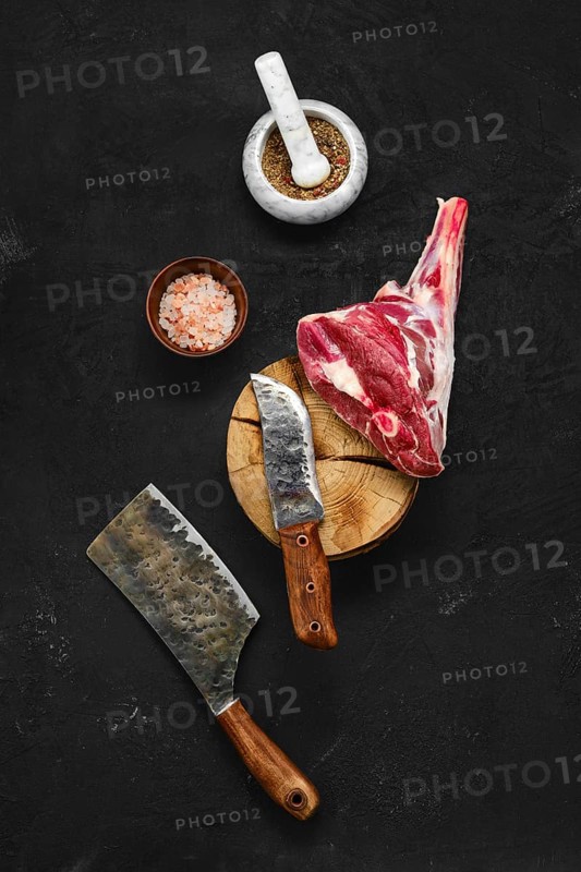 Overhead view of raw lamb leg cut