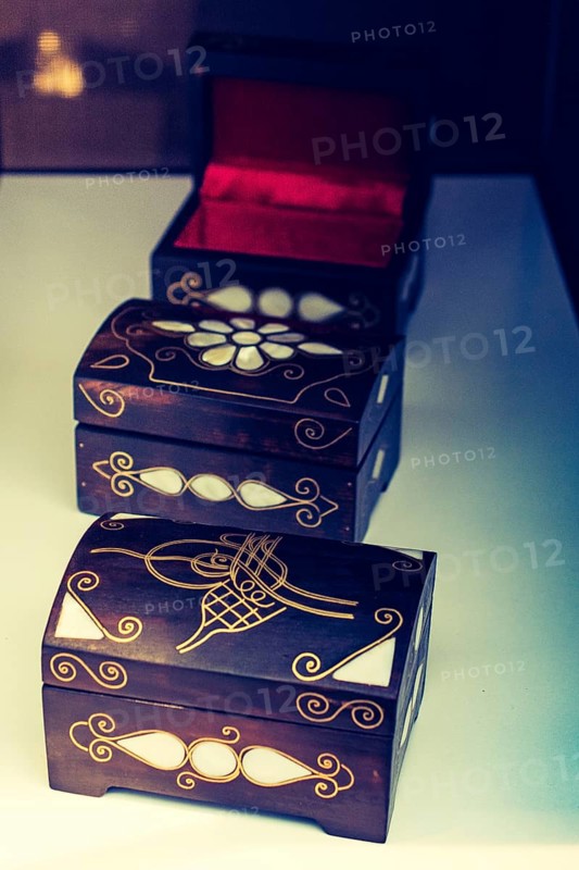 Ancient style wooden treasure chest with mother of pearl inlay