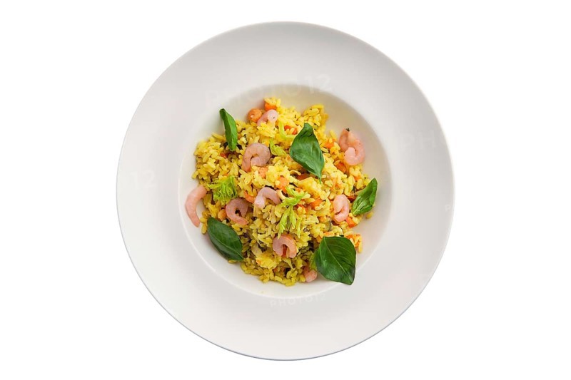 Rice with shrimps isolated on white background