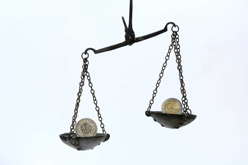 Weighing pan with francs and euro coins