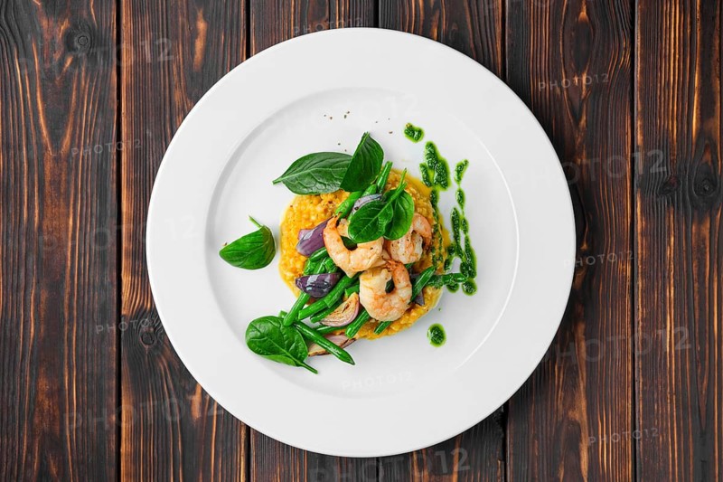 Overhead view of salad with shrimp