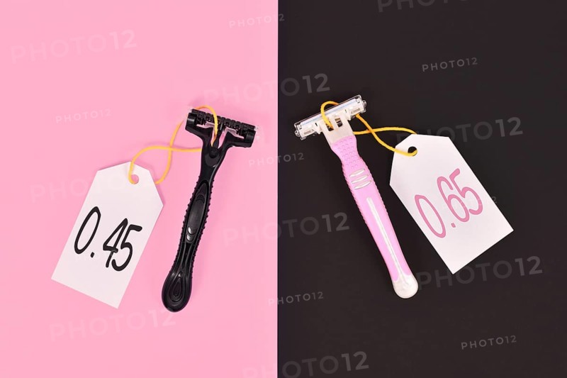 Pink tax and gender stereotypes concept showing pink and black razors marketed to specific genders with different price tags