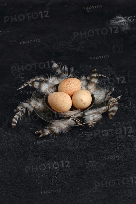 Three guinea fowl eggs in metal bowl