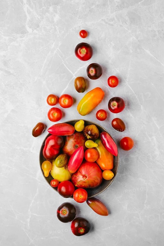 Top view of plate with different types of tomatoes