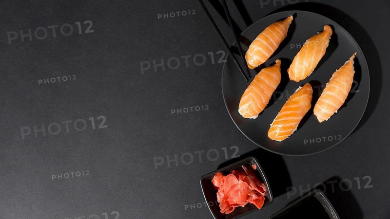 Plate with fresh variety sushi with copy space