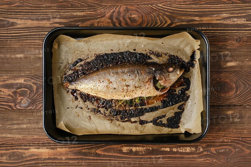 Baked sea yellow tailed mackerel in baking tray