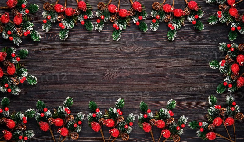 Wooden background with fir branches around the perimeter